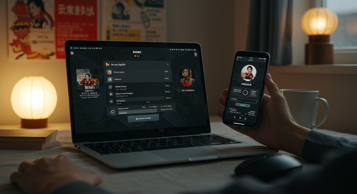 Студия контент-криэйтора Bilibili с мониторами и аниме-атрибутикой