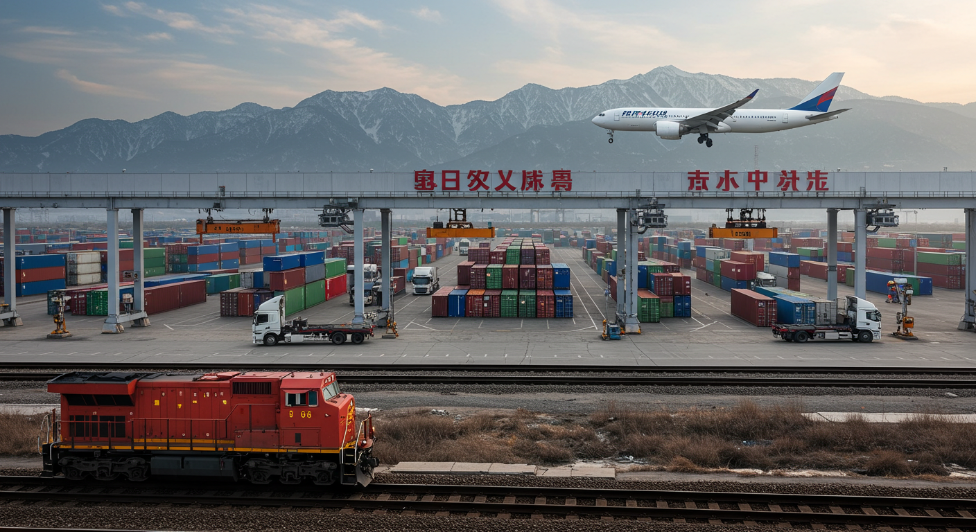 Аэрофотоснимок логистического центра в Пекине с грузовиками и контейнерами.