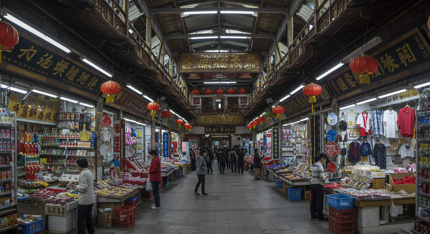 Аэроснимок оптового рынка Гуанчжоу с грузовиками и складами