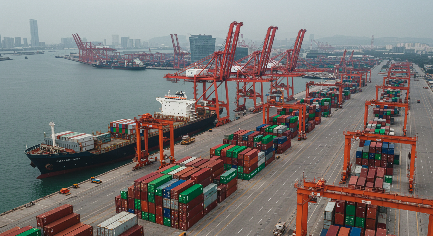 Аэроснимок порта Шанхай с контейнерными судами и кранами