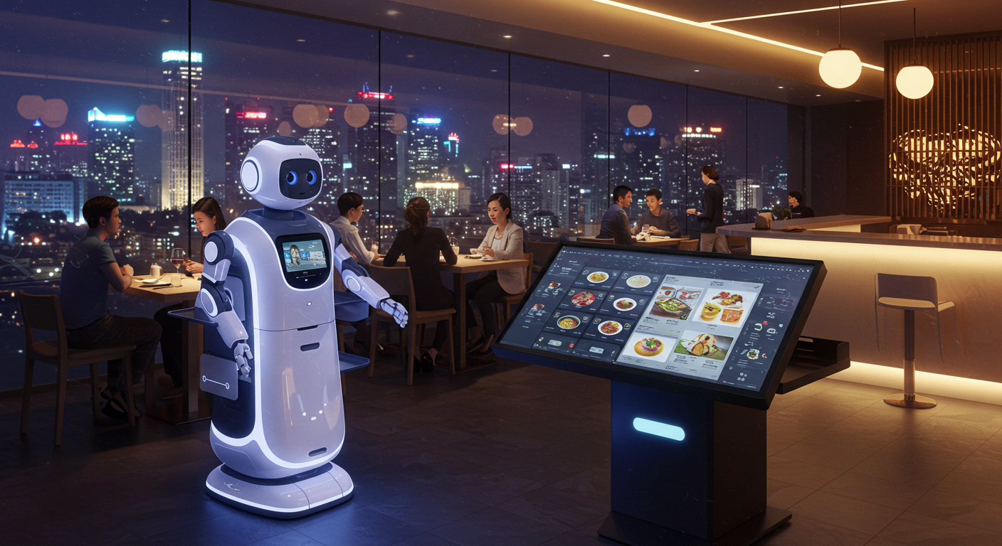 Автоматизированная кухня ресторана с роботами, руки-роботы готовят блюда под LED-панелями