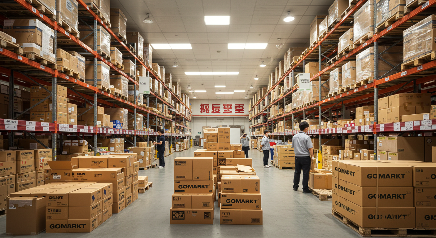 Бизнесмены обсуждают условия лизинга перед контейнером на фоне китайского склада