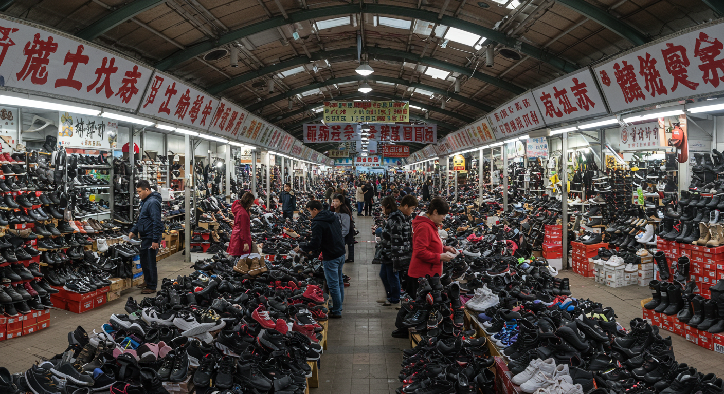 Экспозиция обуви для маркетплейсов на фоне рынка Садовод