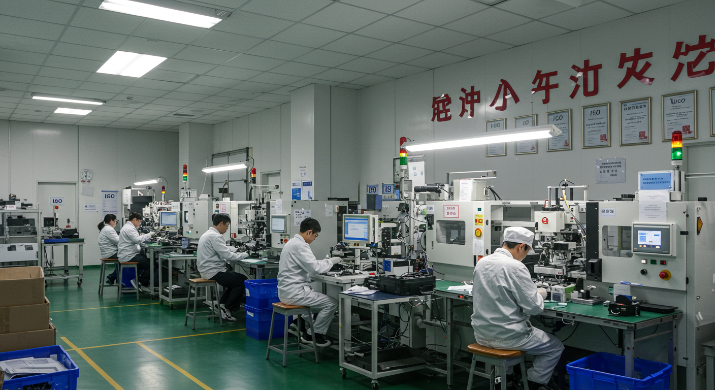 Экстерьер китайской фабрики с брендированными грузовиками и рабочими.