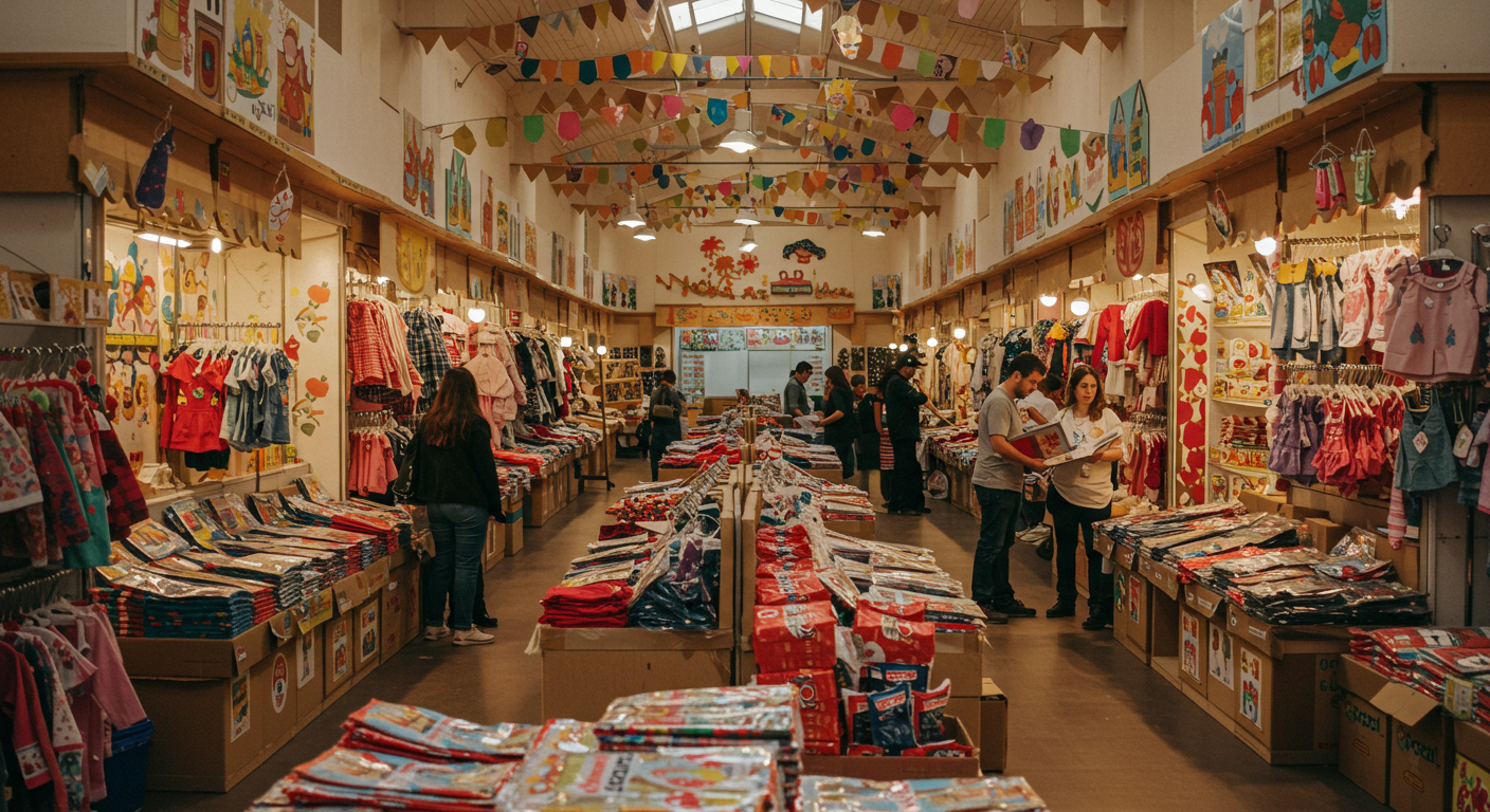 Фасад рынка Садовод с магазинами и людьми с пакетами