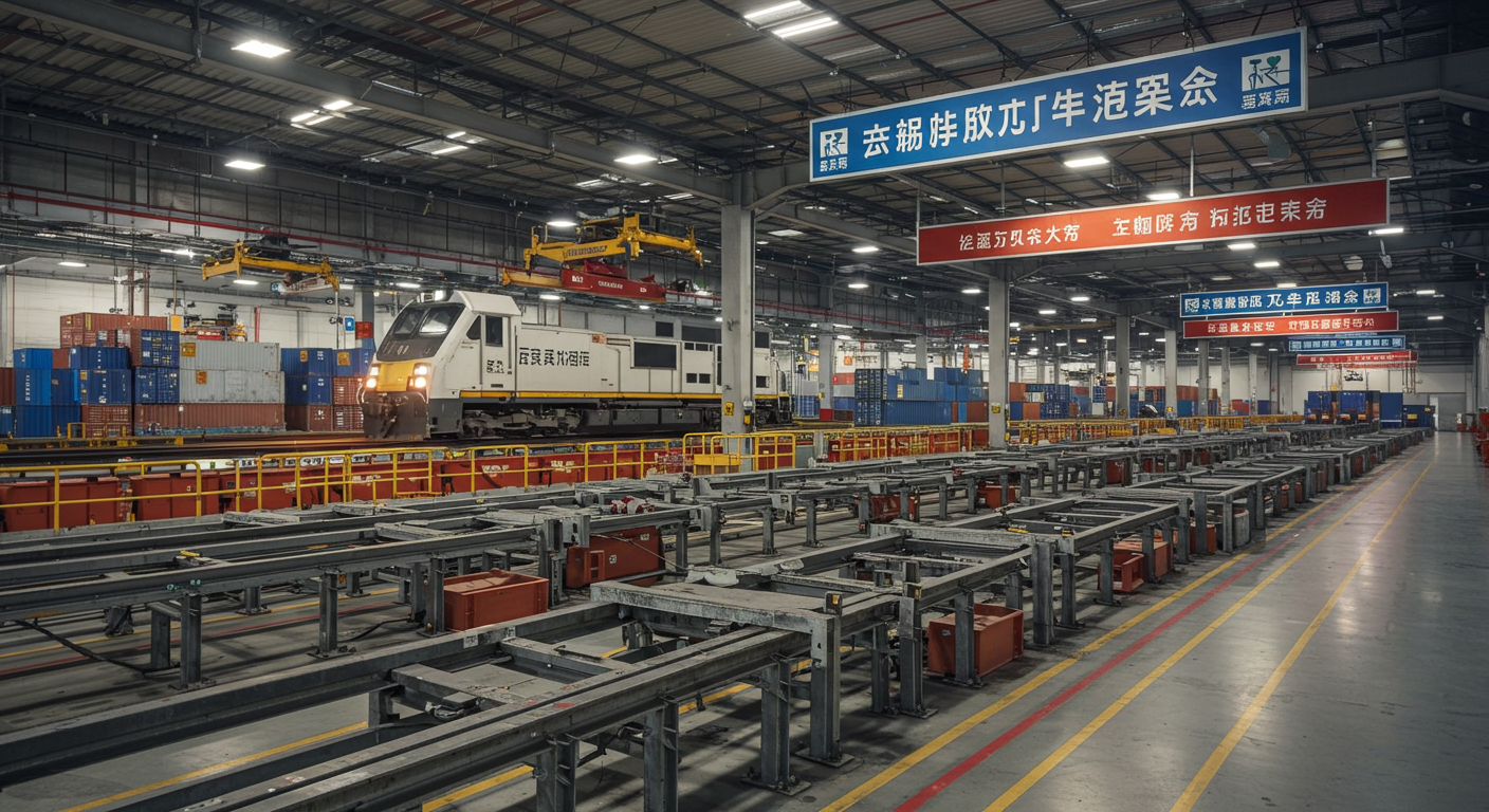 Футуристический грузовой терминал с высокоскоростным поездом и контейнерами