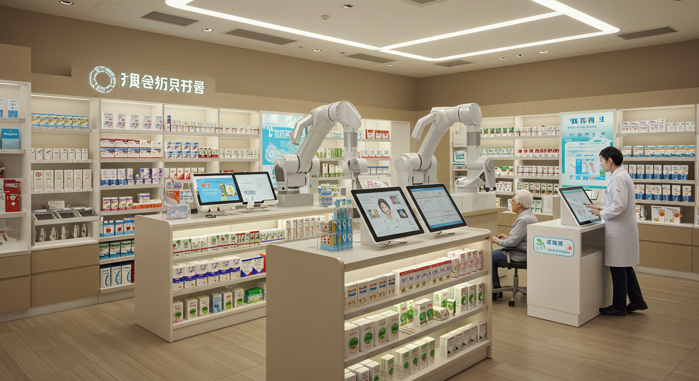 Футуристическое лобби китайской больницы с голографическими медицинскими данными и ИИ