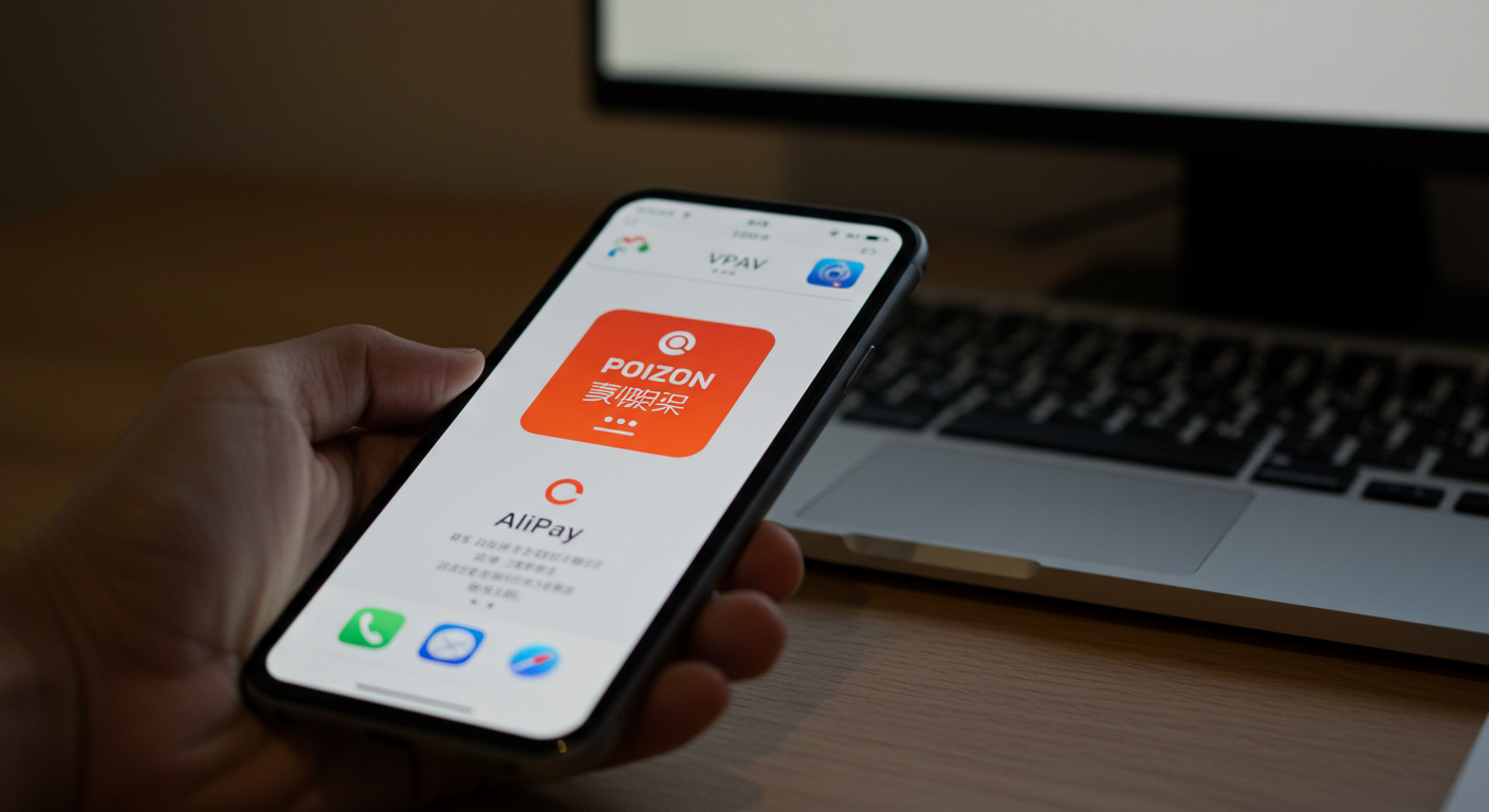 Городская сцена с магазинами кроссовок и интерфейсом Poizon на рекламном экране