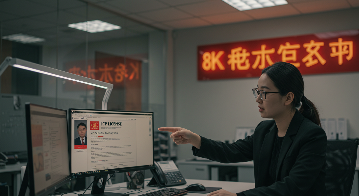 Городской пейзаж Китая с документом ICP лицензии и флагом на переднем плане