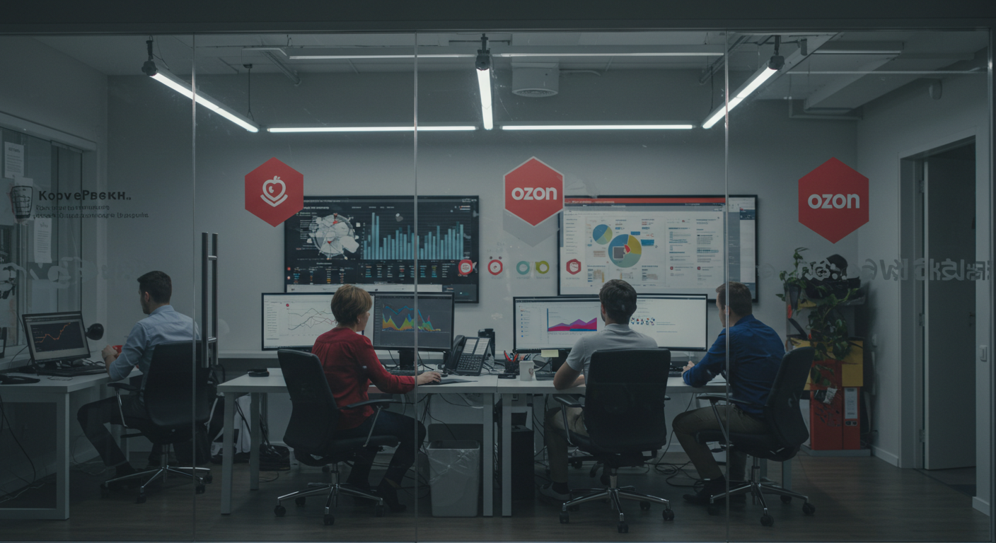 Городской пейзаж с логотипами популярных маркетплейсов и курьерами в движении