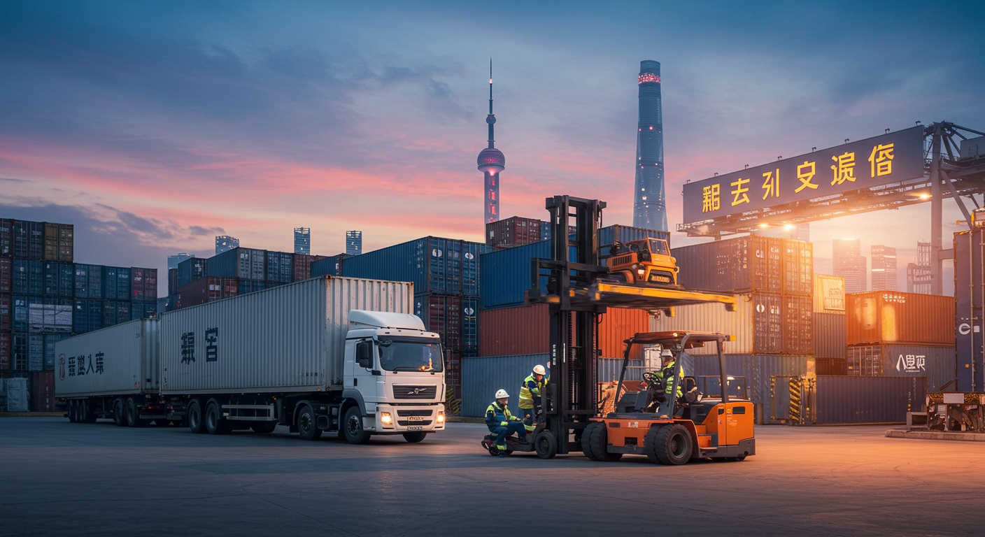 Городской район Китая с рекламой логистики и фургонами для доставки