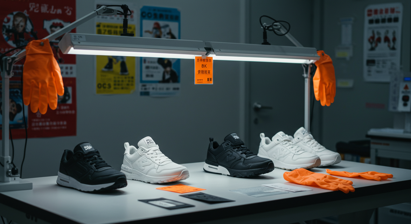 Грузовая зона в Китае с брендовым фургоном и работниками, распаковывающими товары Poizon