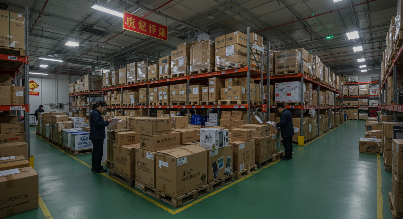 Грузовик на оживленной улице Китая, логистика и упаковка товаров