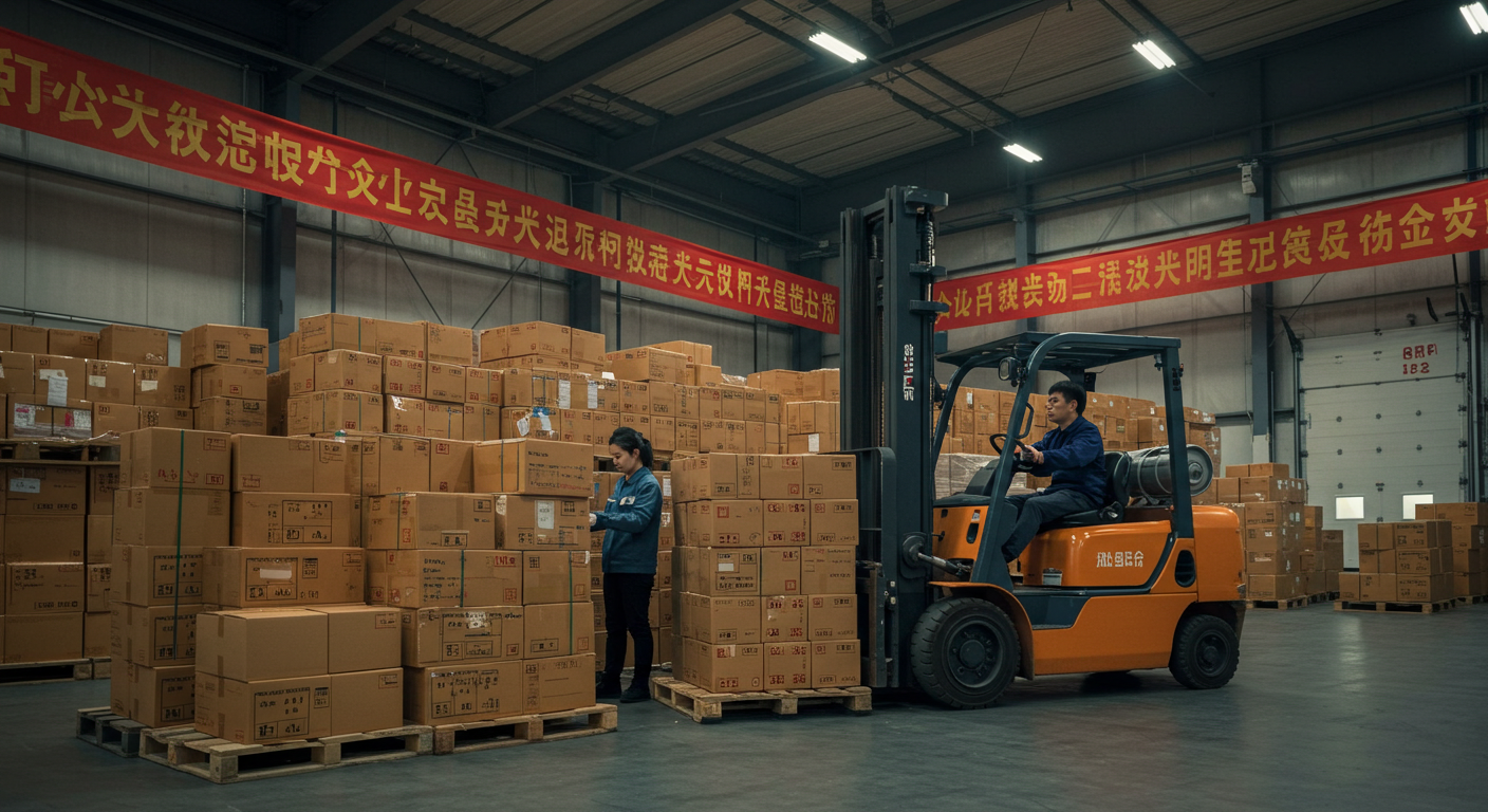 Грузовик с брендингом GOMARKT.RU покидает склад в Китае с товарами.