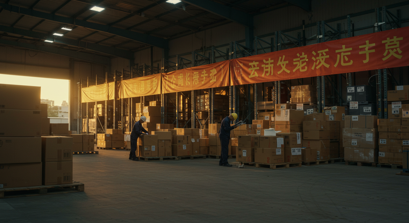 Грузовик с брендингом загружает коробки под кранами в китайском порту