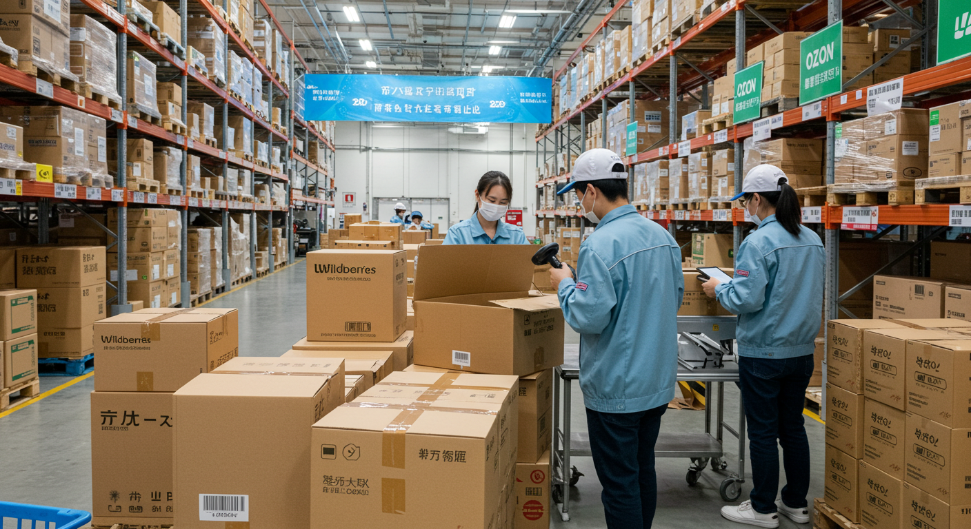 Грузовик с контейнером отправляется из склада в Китае, на фоне городской панорамы.