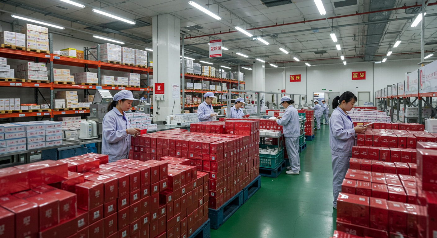 Грузовик с косметикой из Китая на современном рынке, упаковка и знаки на китайском и русском