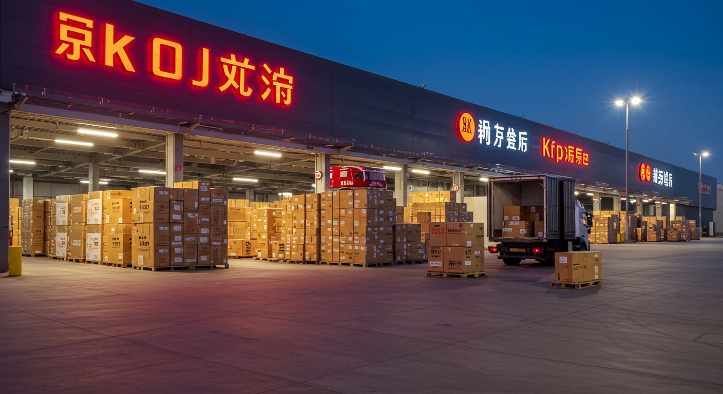 Грузовик с логотипом   на дороге рядом со складом для доставки из Китая