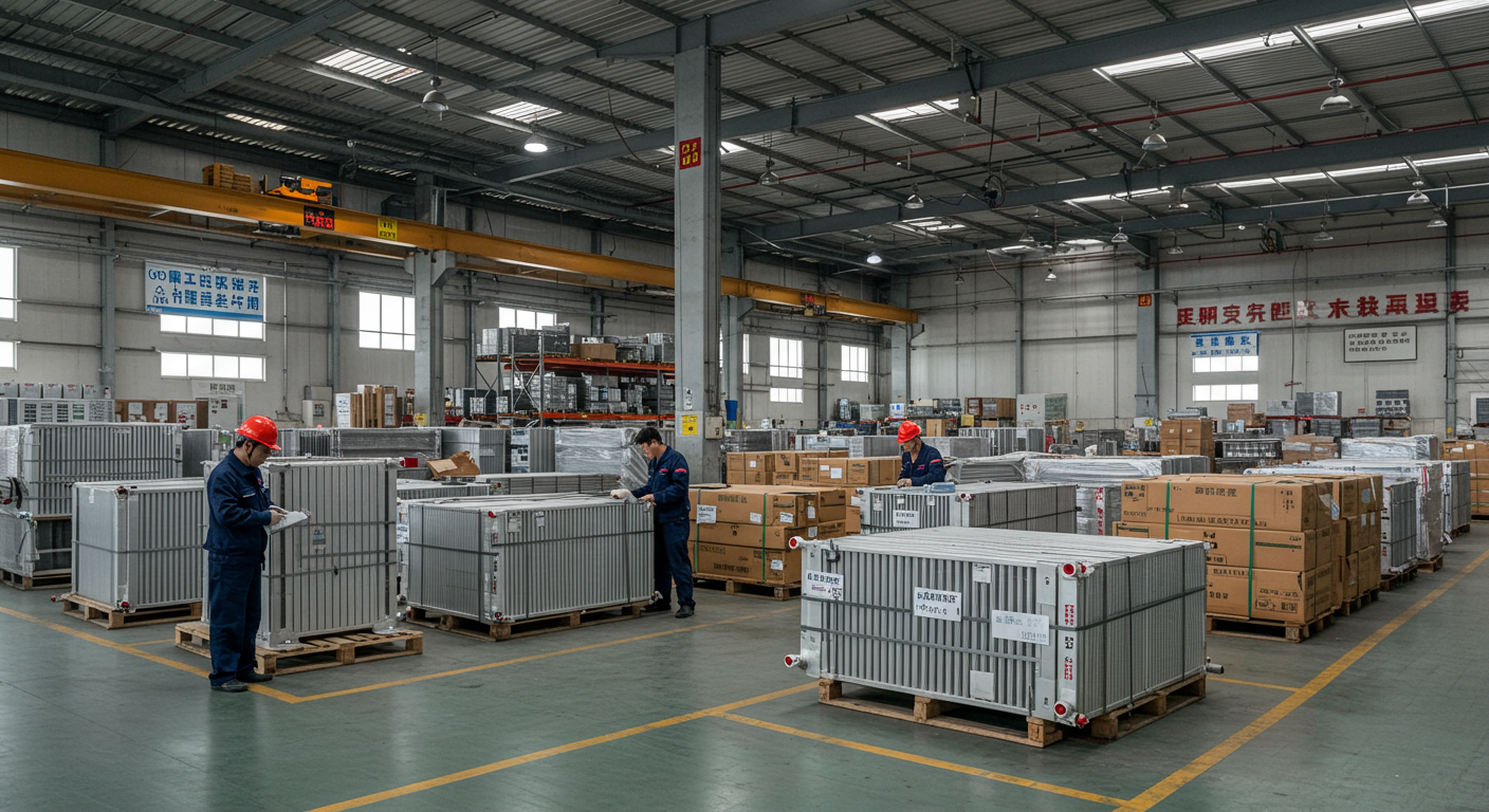 Грузовик с радиаторами прибывает на склад в России, команда логистов работает.