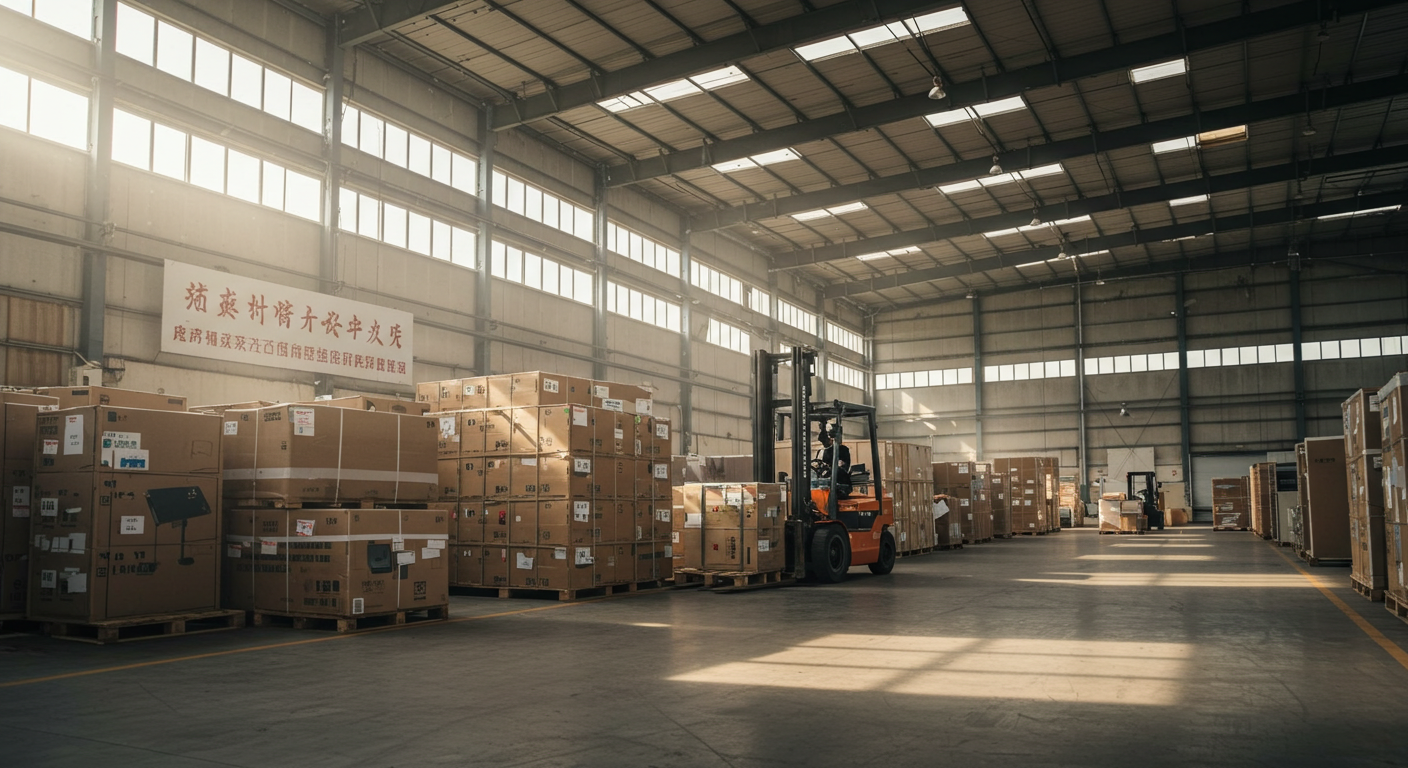 Грузовик выезжает из склада в Китае, отображены маршруты и знаки на китайском языке