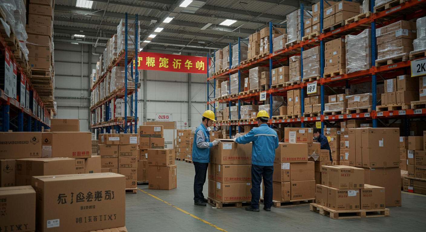 Грузовик загружает контейнеры для доставки в Россию в логистическом центре Китая