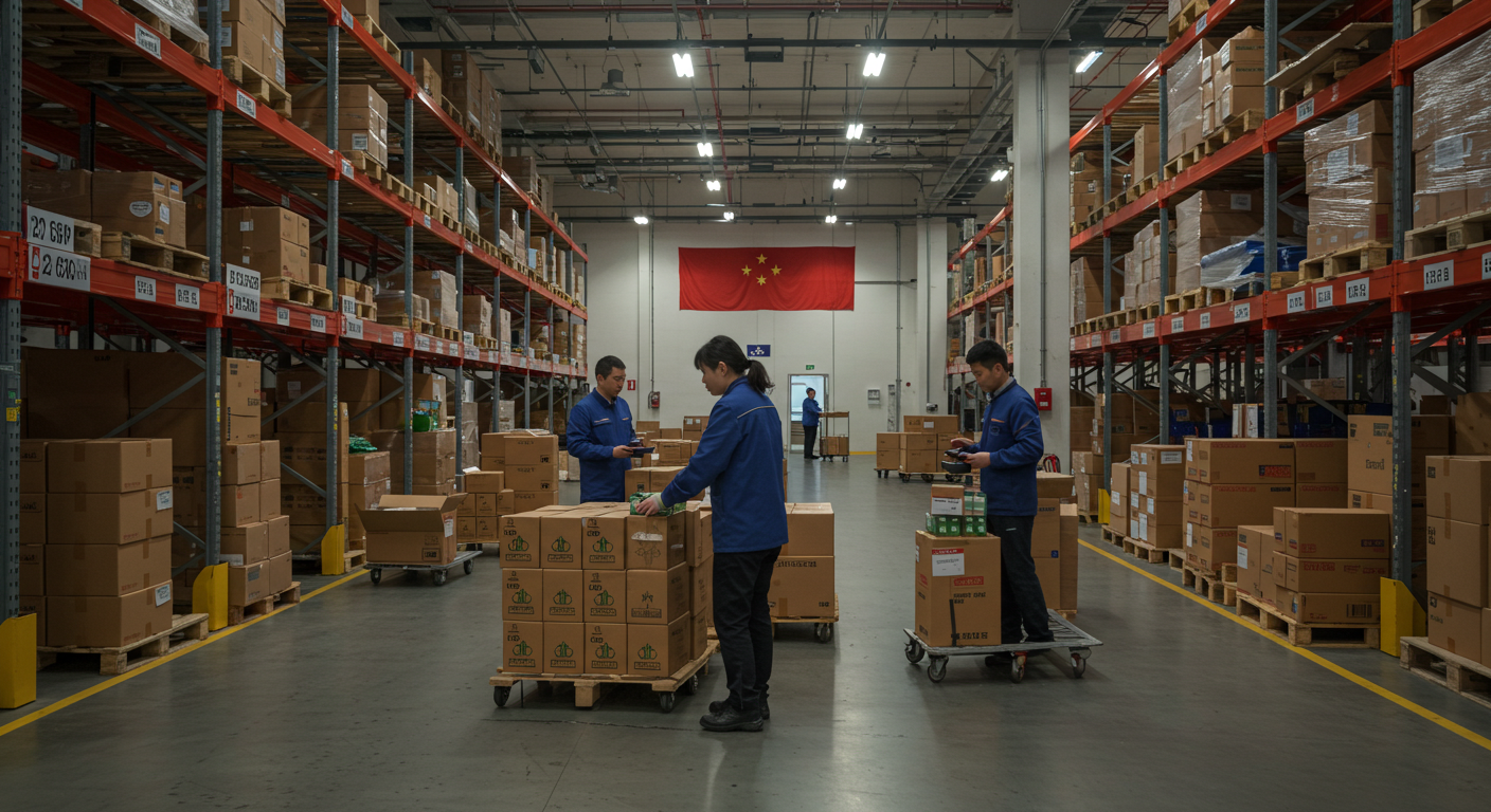 Грузовик загружает контейнеры в современном китайском порту для доставки в Россию