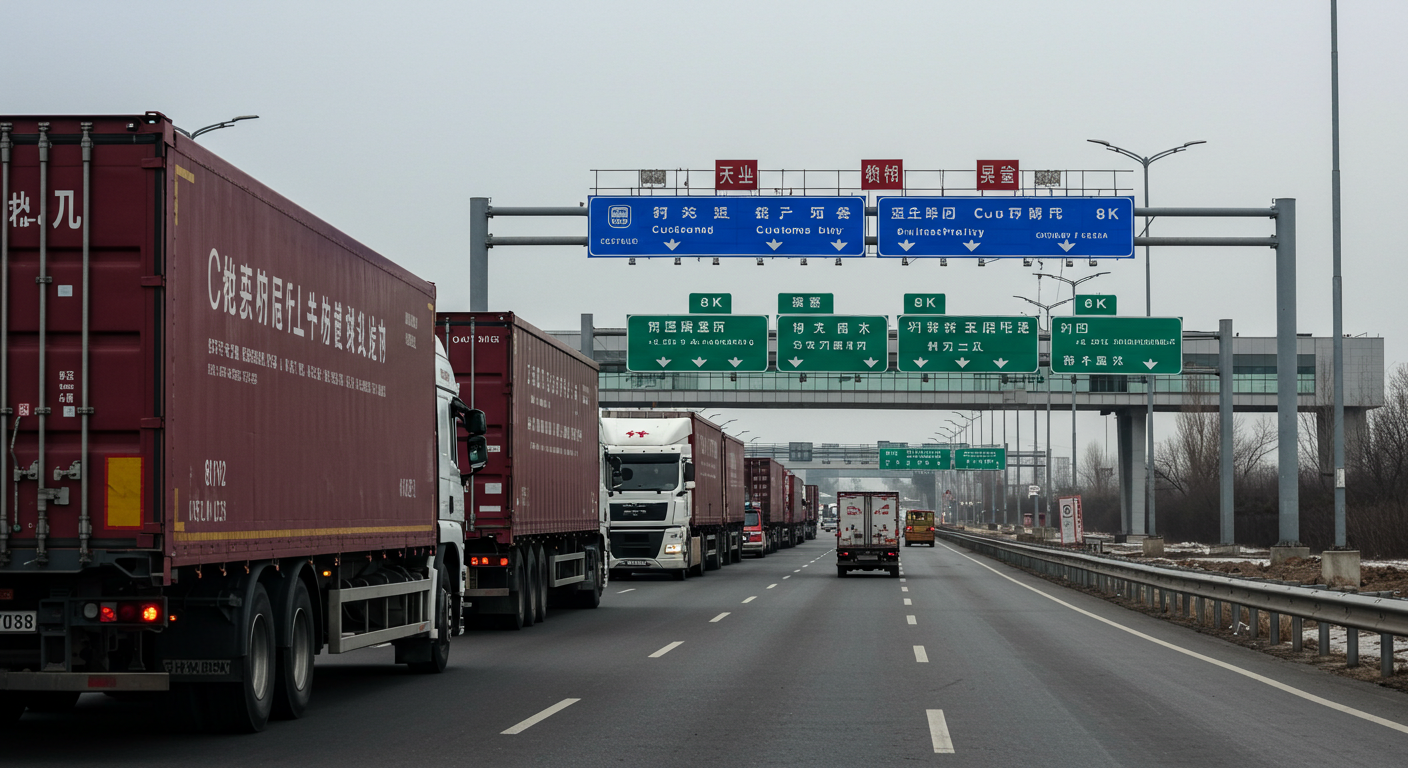 Грузовики на шоссе между Китаем и Россией, контроль на границе на фоне