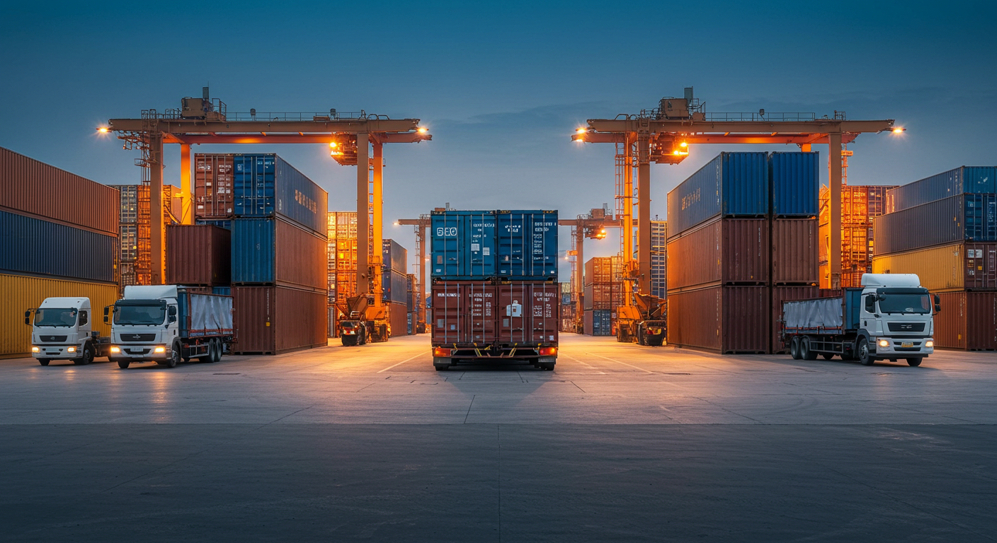 Грузовики выезжают из китайского порта с контейнерами для экспорта в Россию