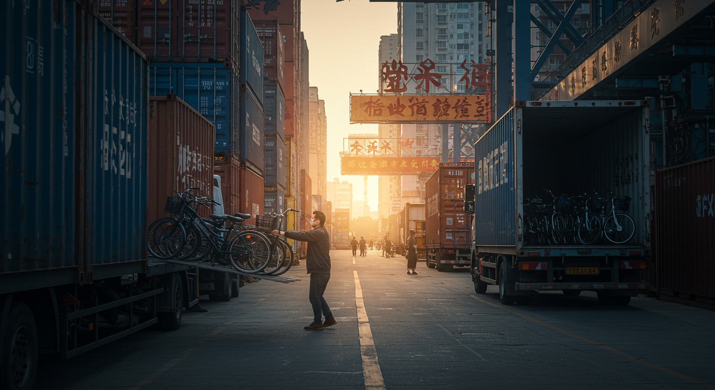 Грузовой склад в Китае, рабочие сканируют штрих-коды на велосипедных коробках.