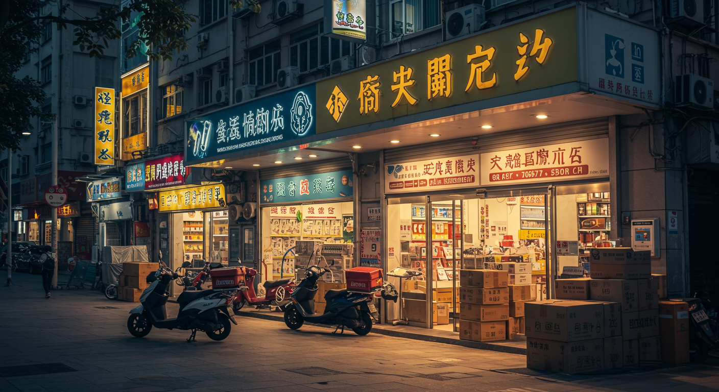 Интерьер торгового города Иу с яркими прилавками и покупателями