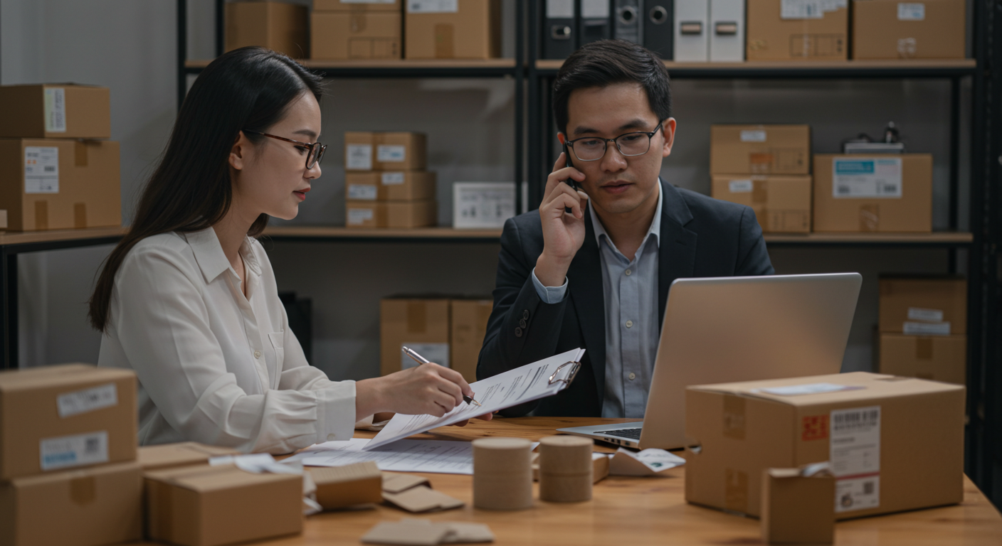 Интерфейс Alibaba на экране в офисе, человек ищет товары и поставщиков