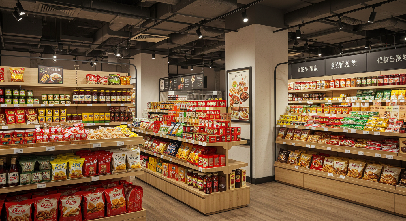 Интерфейс маркетплейса с китайскими продуктами и яркой упаковкой