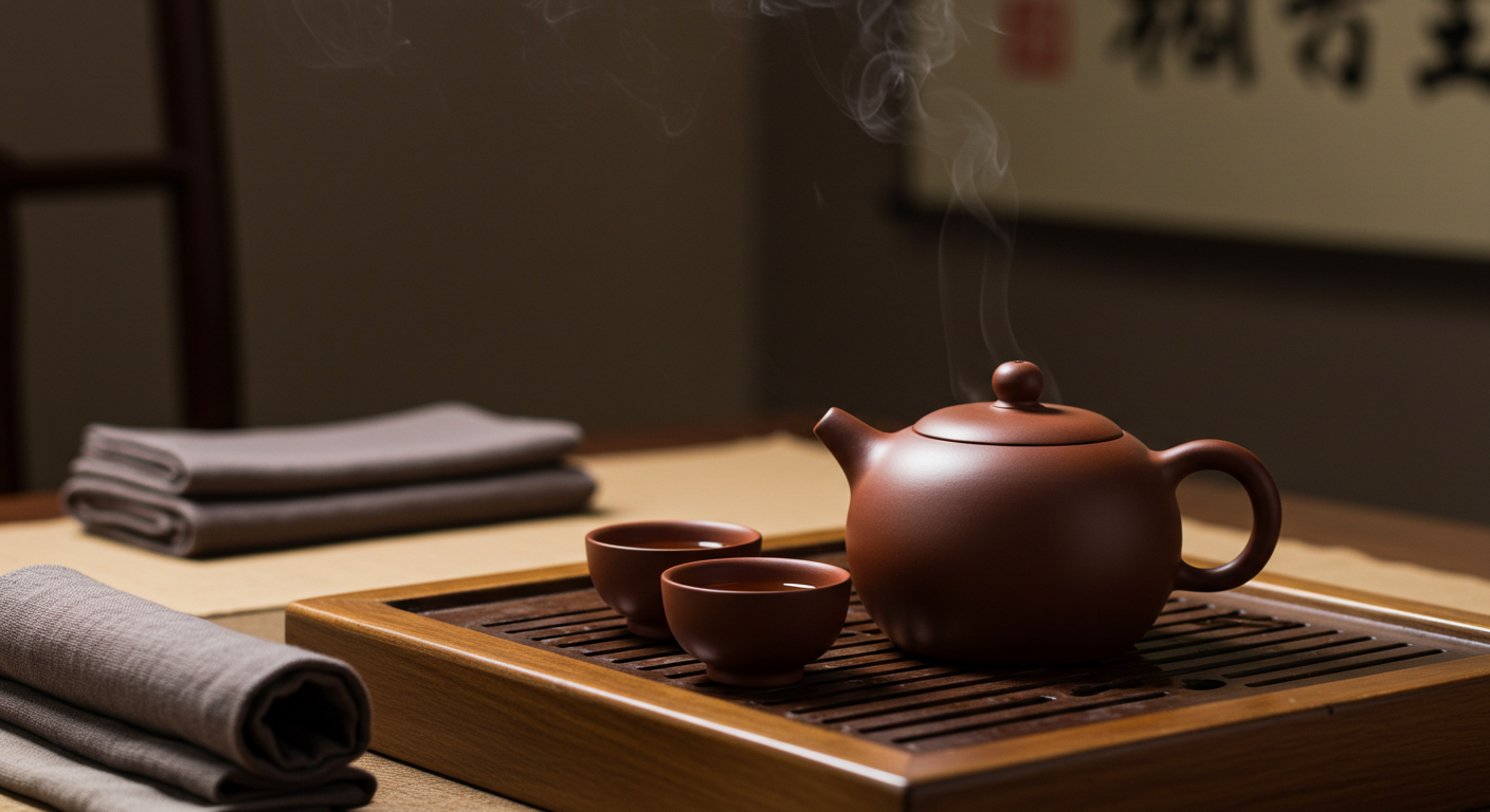 Интерьер чайного магазина в Цзянсу с исинскими чайниками, оформленными по типу глины