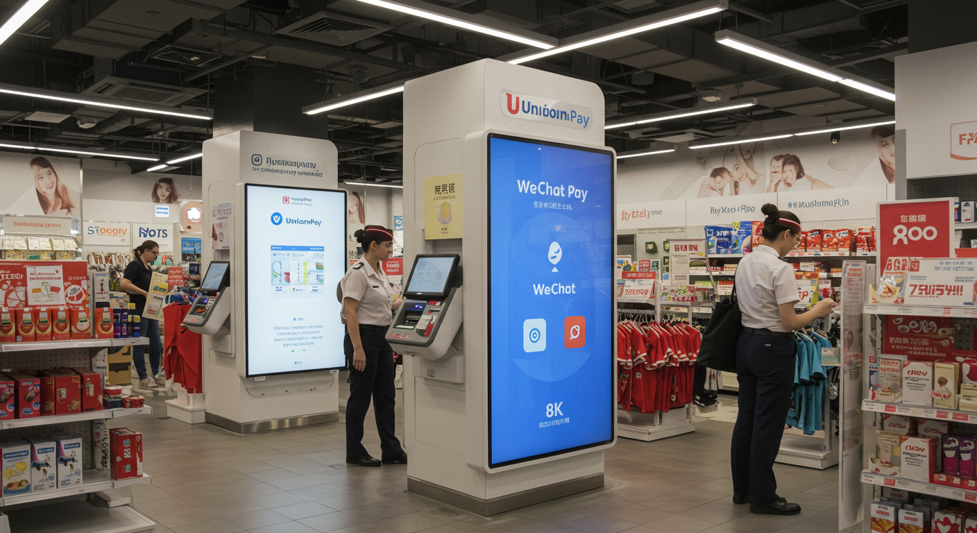 Китайский рынок с QR-кодами для Alipay и WeChat Pay, туристы сканируют