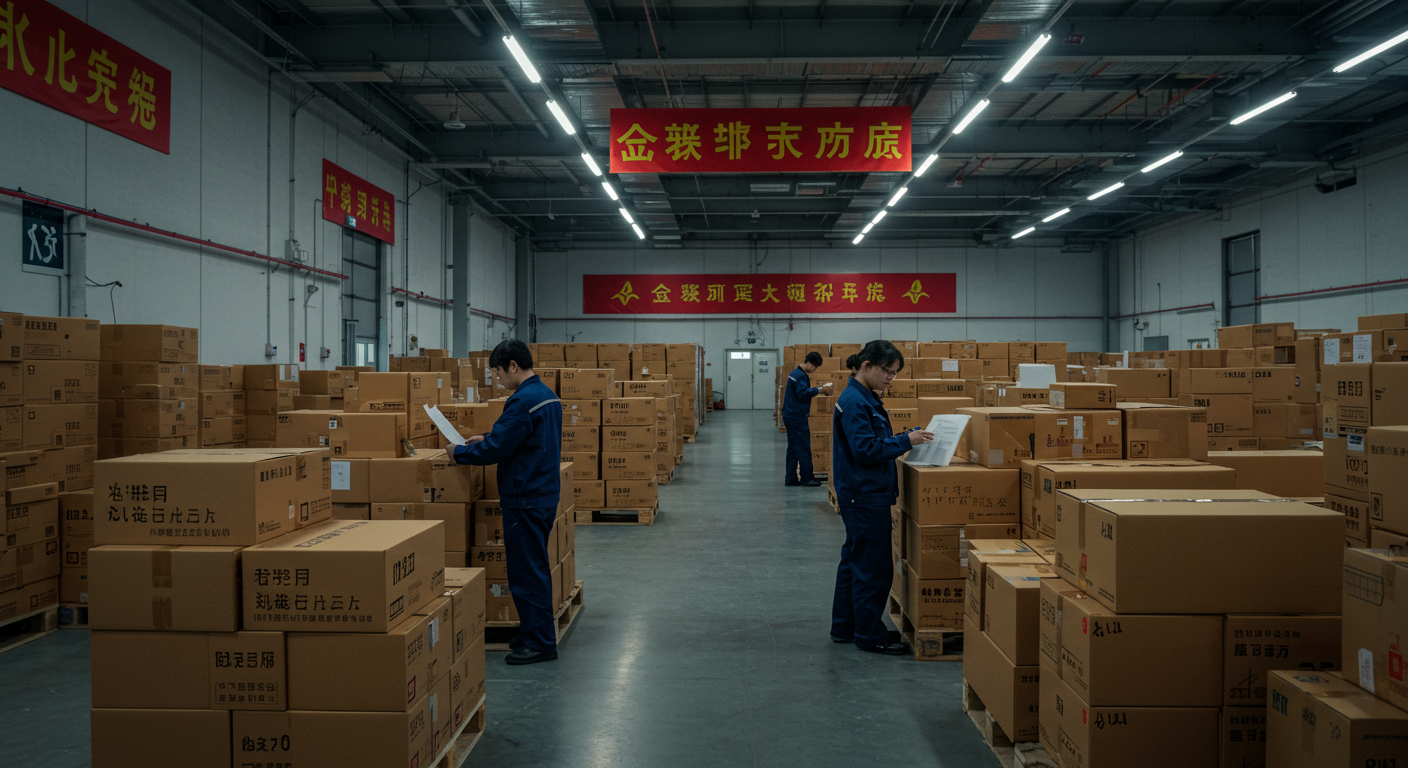 Китайские товары на полке в складе с документами и яркой упаковкой.