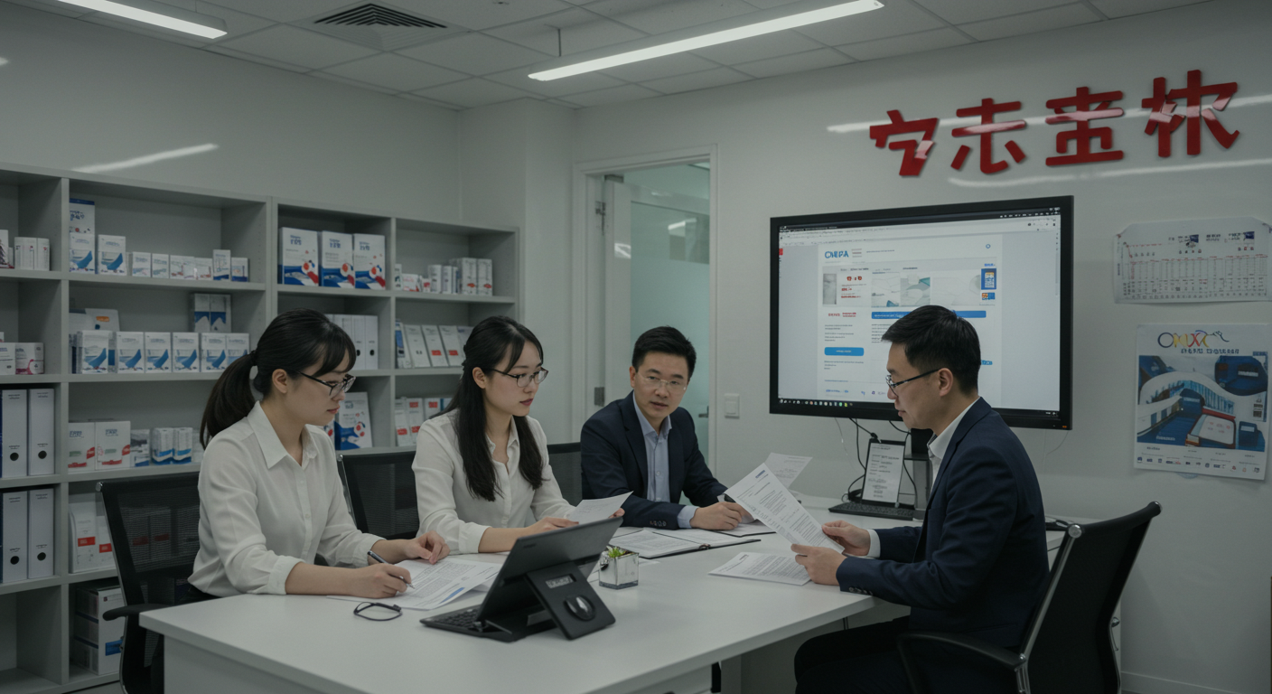 Китайский рынок с брендированными стендами и вывесками, вид на CNIPA