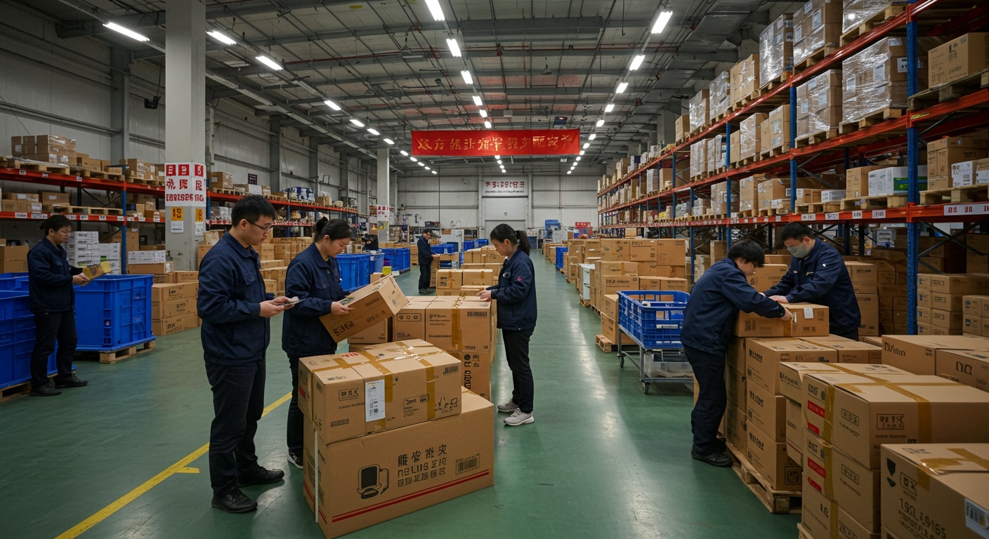 Коллаж бизнеса с китайским рынком, интерфейс Авито и сцена склада