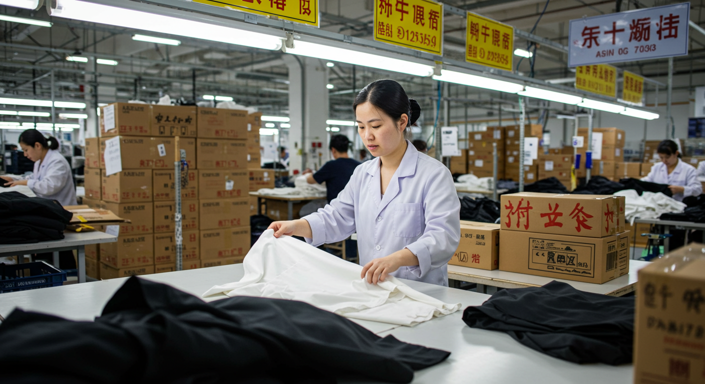 Команда бизнеса оценивает образцы одежды в текстильном шоу-руме Гуанчжоу