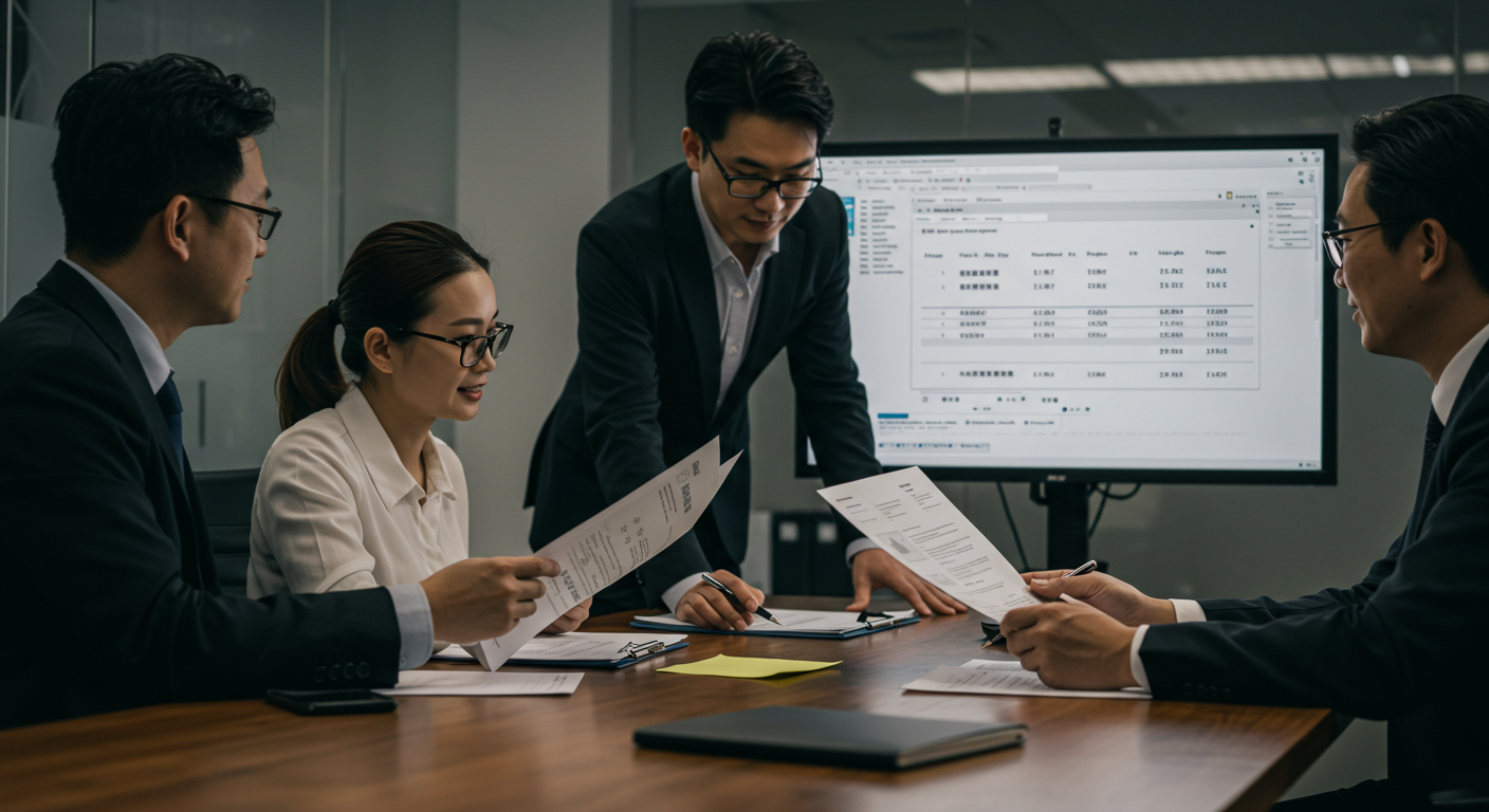 Команда профессионалов обсуждает финансовое сопровождение сделки с документами на русском и китайском.