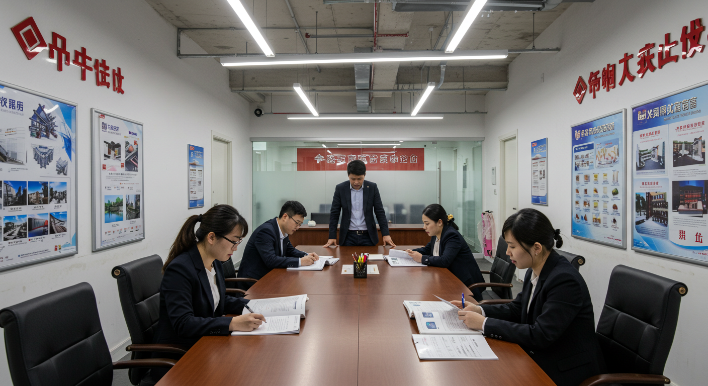 Команда в логистическом центре в Китае изучает профили поставщиков на экранах