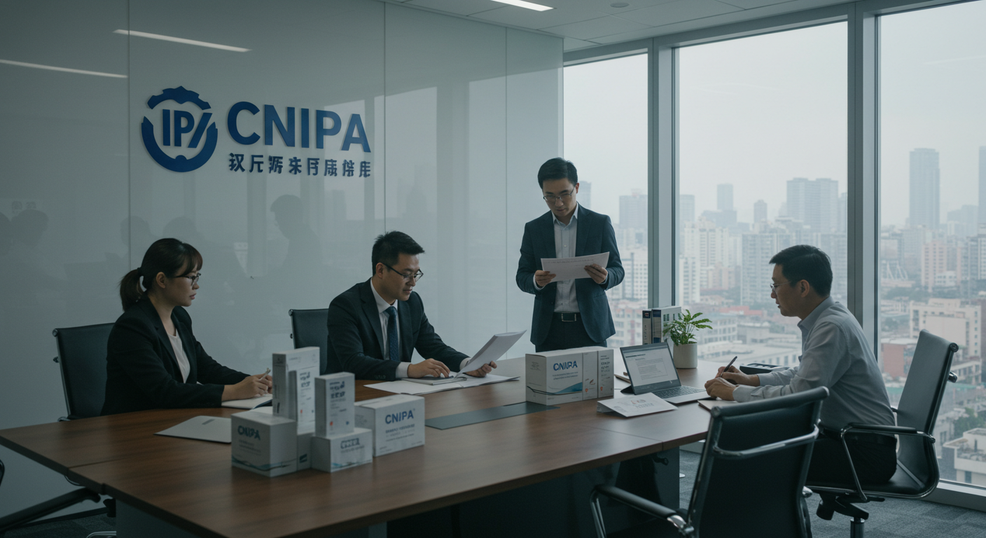 Коммерческий район с офисом юристов и логистическим грузовиком рядом, CNIPA на заднем плане