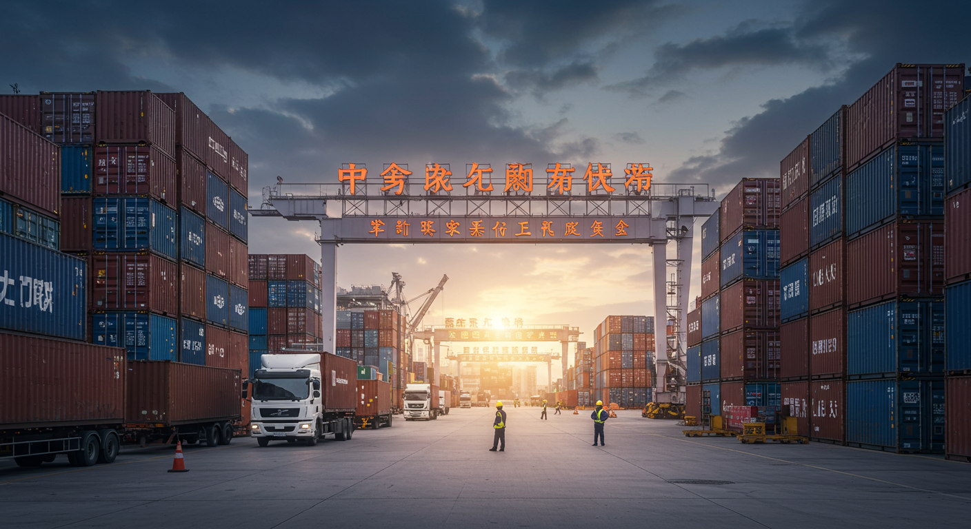 Коммерческий район в Китае с фургонами доставки и традиционной архитектурой