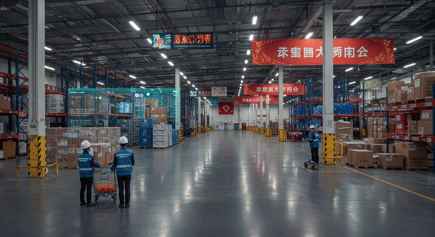 Контейнерная площадка в китайском порту с грузовиками и цифровой таможней