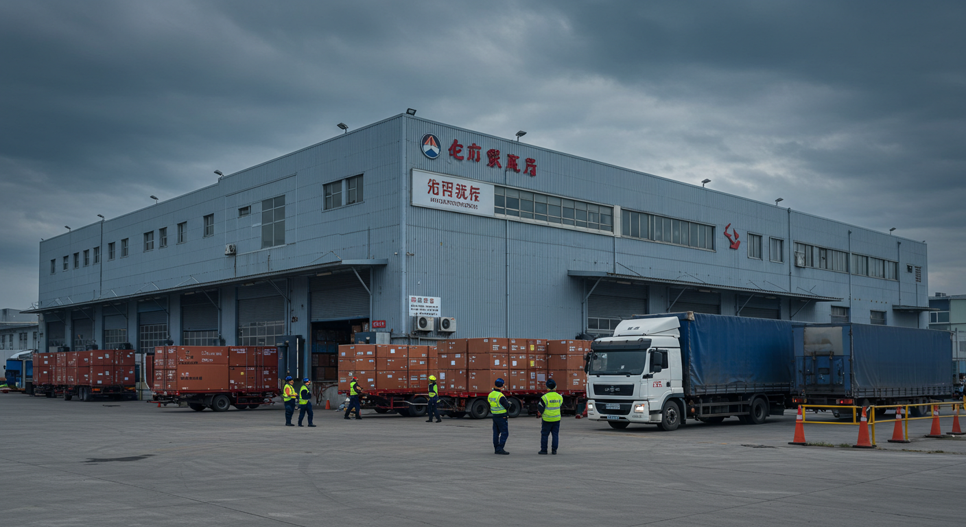 Контейнерный двор в китайском порту с погрузкой в поезд и корабль