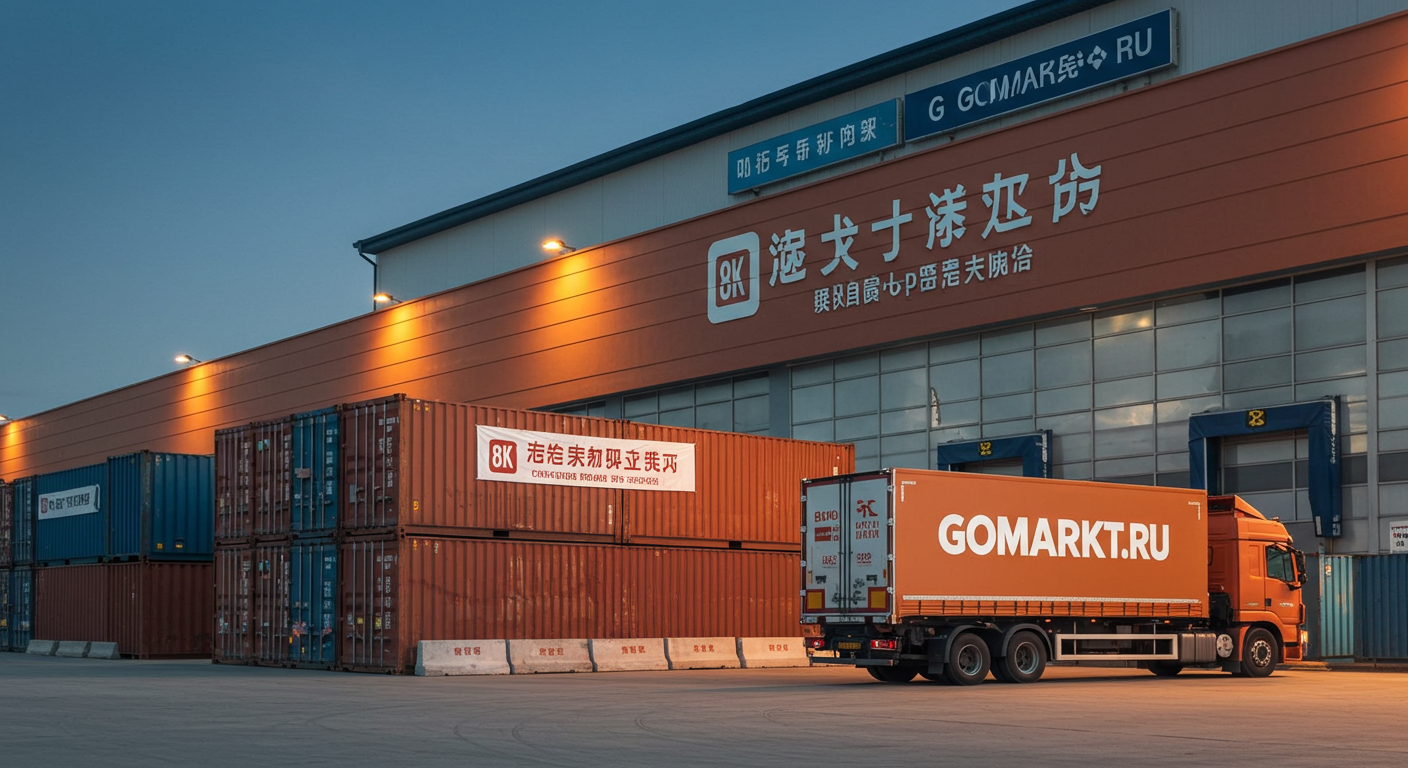 Контейнерный терминал с грузами GOMARKT.RU в Китае и кранами на фоне моря