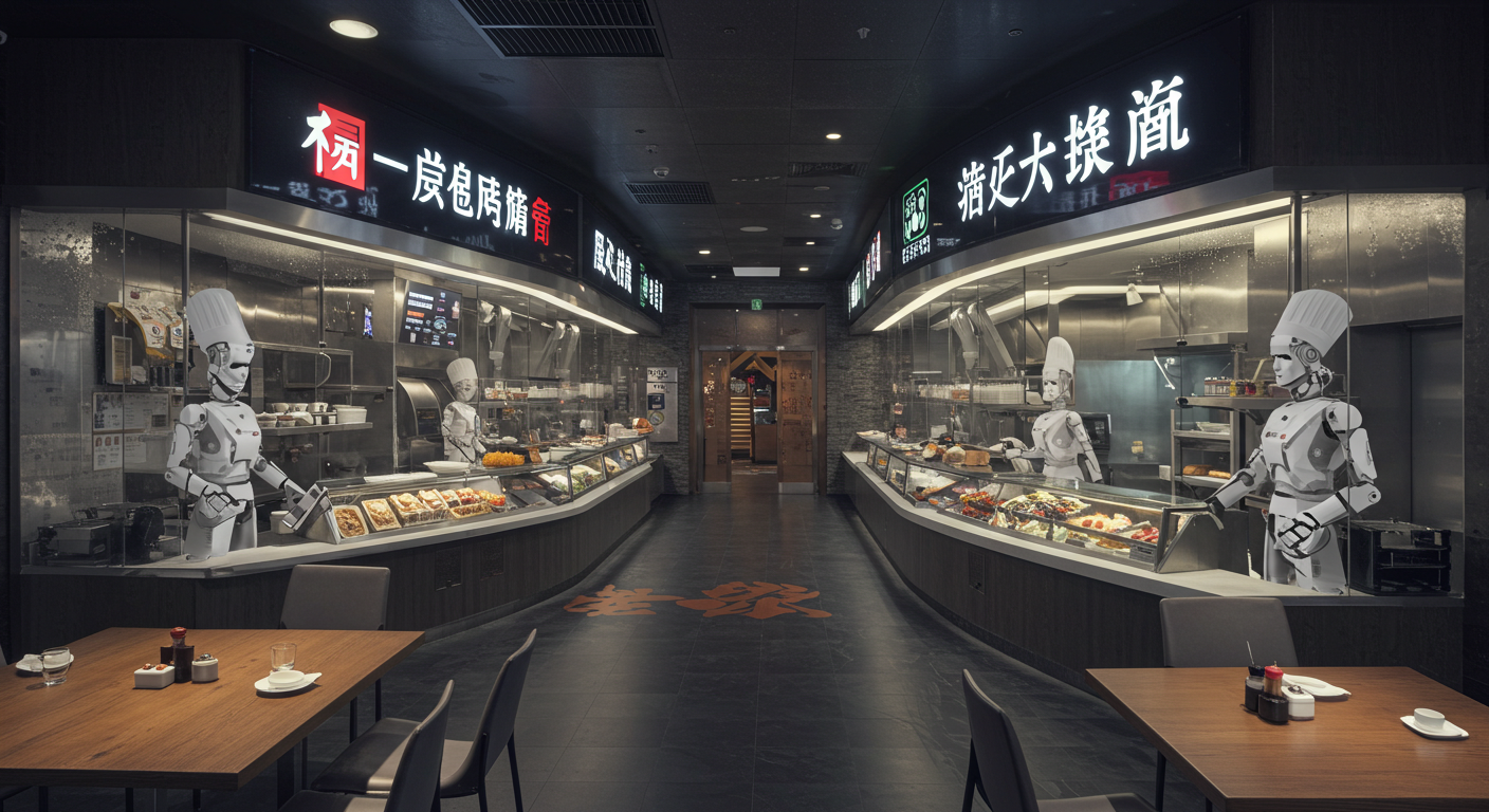 Концепция ресторана с роботами GOMARKT.RU в Китае, роботизированный персонал и цифровые киоски