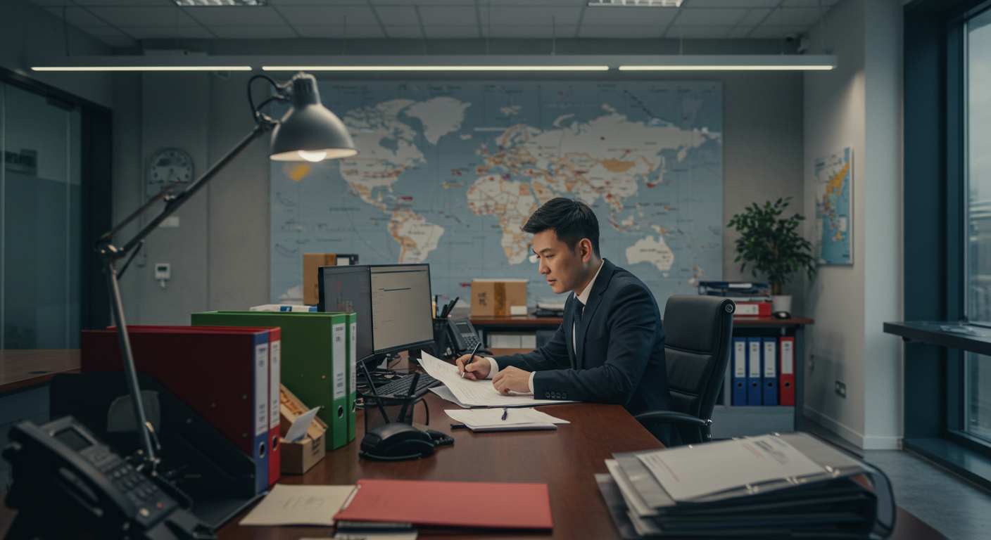 Координационный кабинет логистики с таможенным чеком и документами на столе