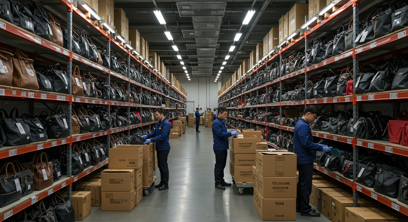 Коробки с женскими сумками ТЯК загружаются в доставочный грузовик.