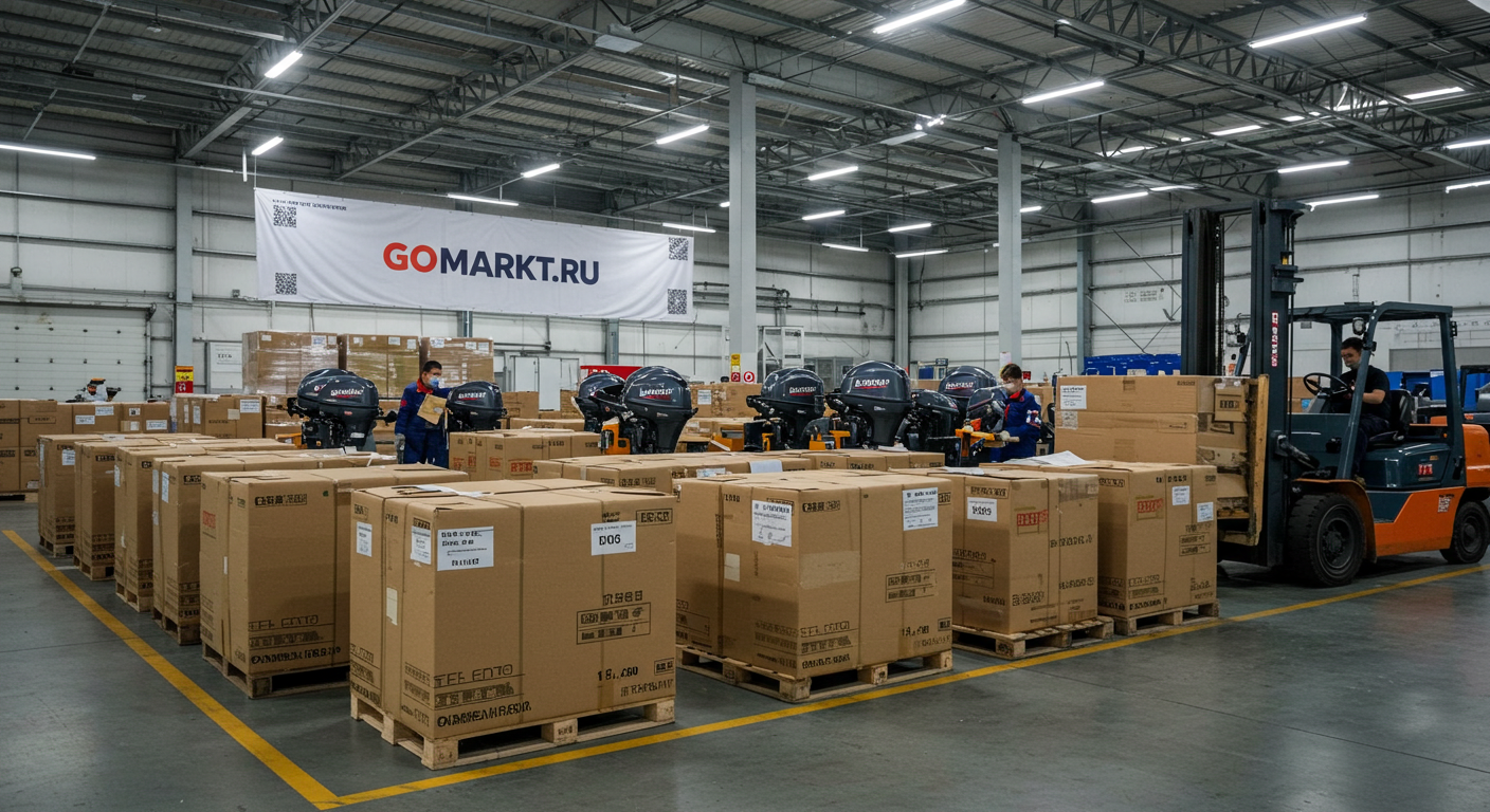 Лодка с китайским мотором у склада с брендовыми ящиками в урбанистическом окружении