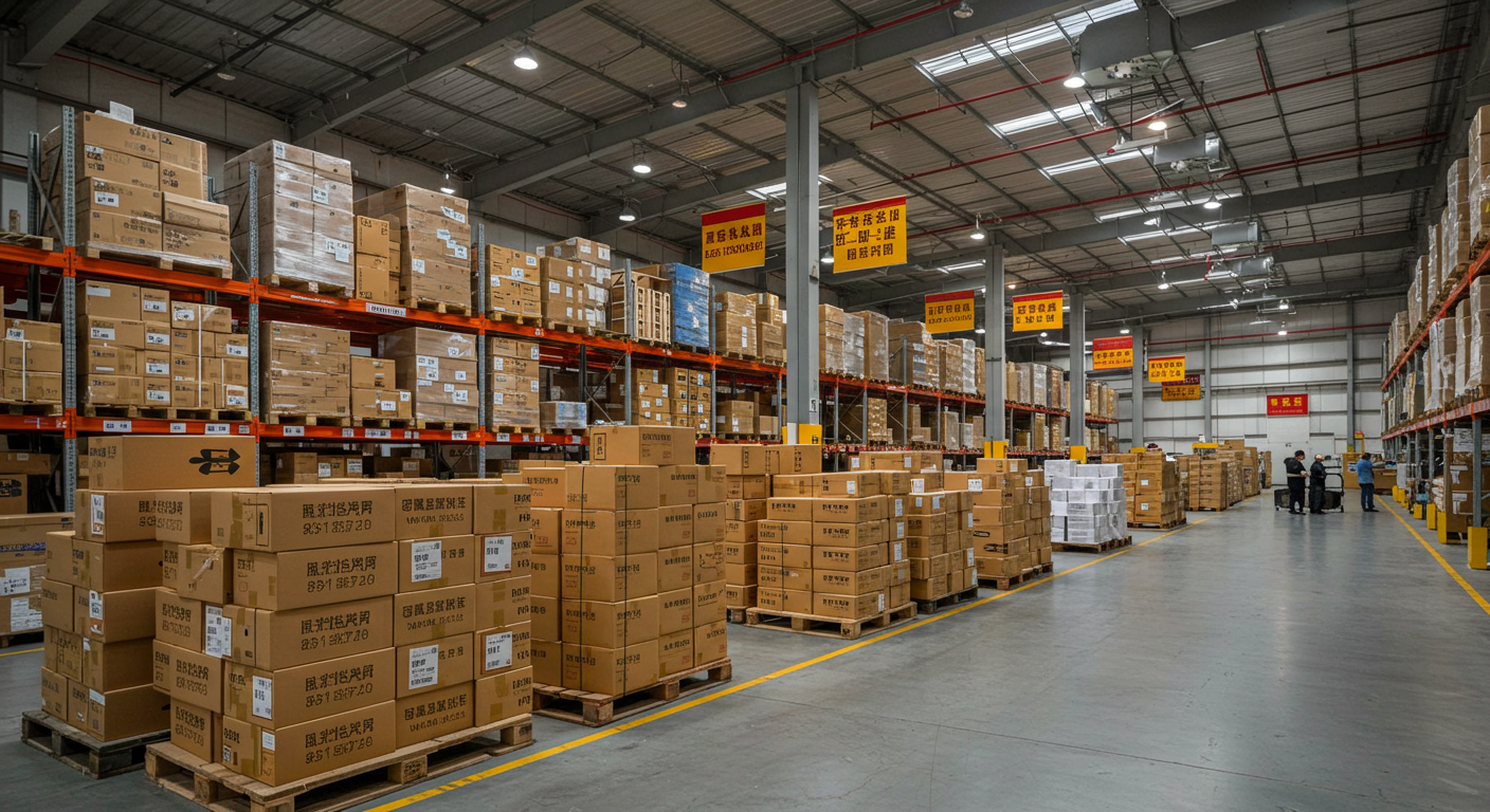 Логистическая сцена с рынком в Китае и транспортным средством у таможни.